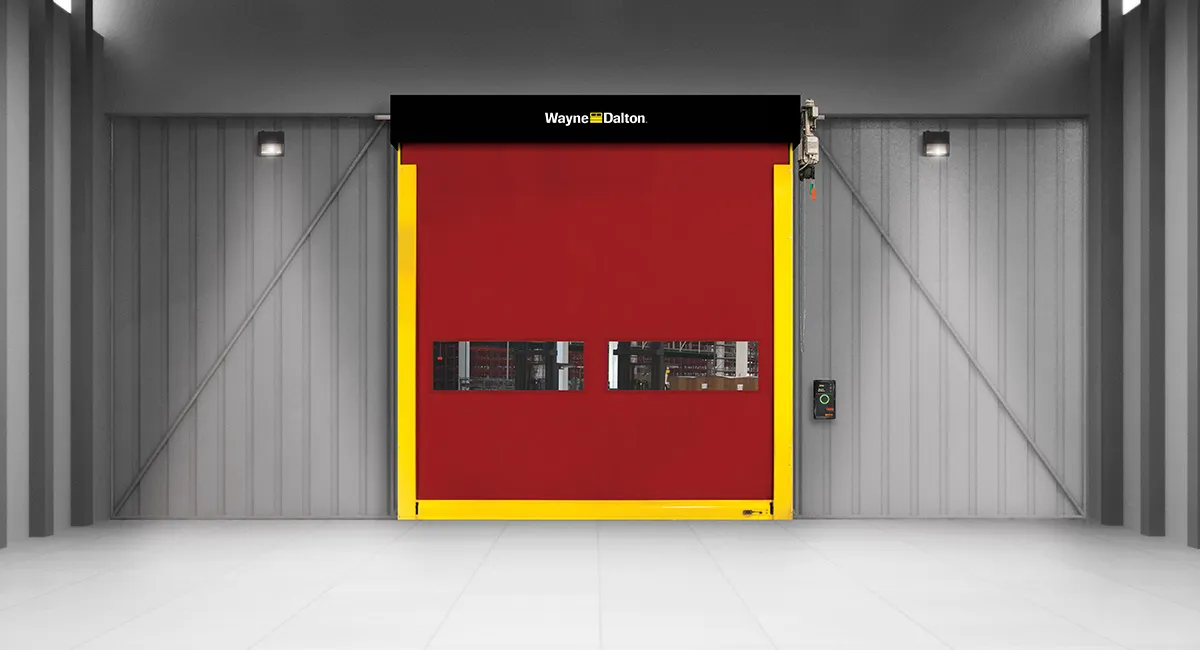 High-speed roll-up door in warehouse interior