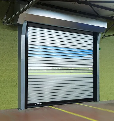 High-speed door with vision panels installed