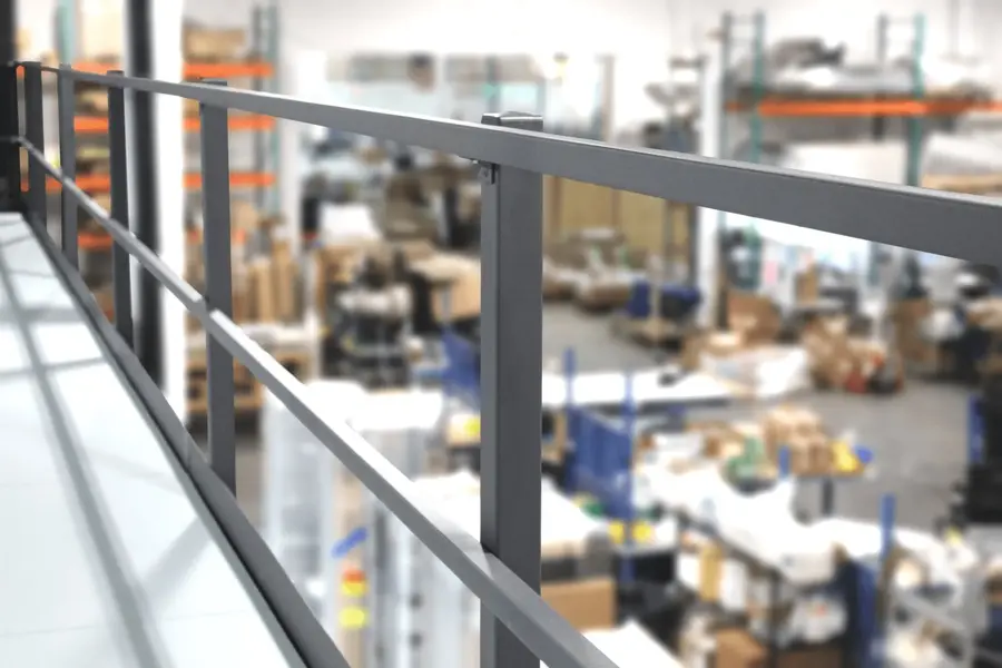 Mezzanine staircase with handrail and open grating
