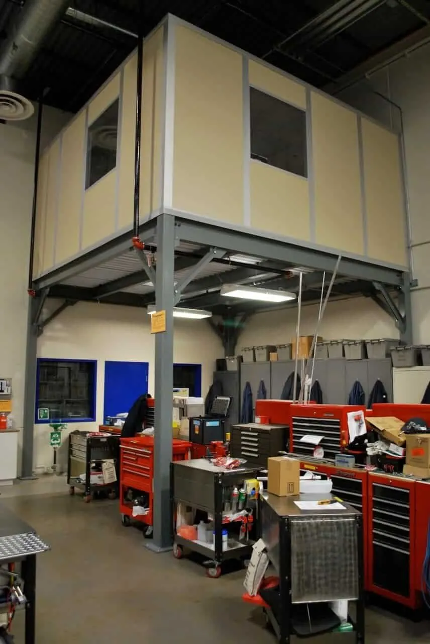 Two-story modular office with exterior staircase