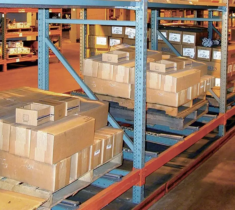 Pallet flow rack entry and exit aisle configuration