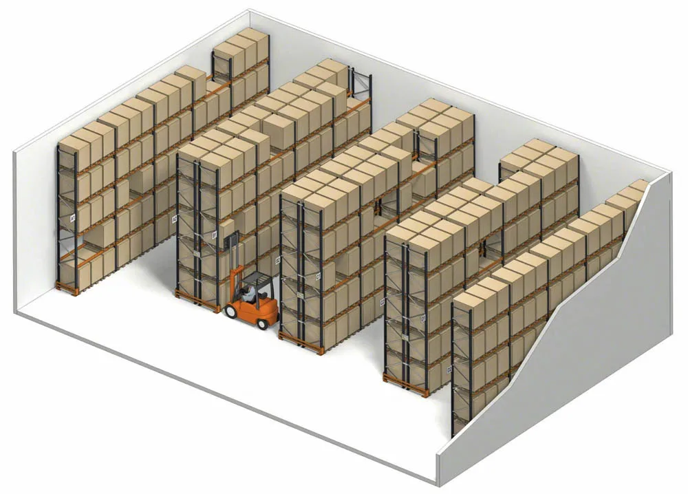 Forklift loading pallet into push-back system