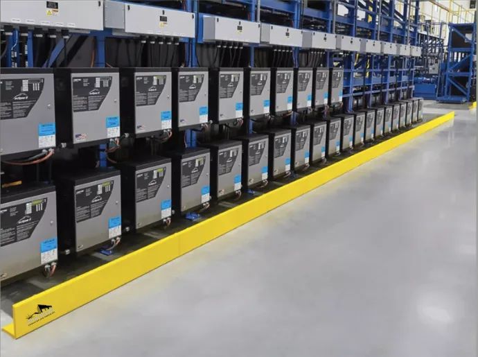 Rack column protectors guarding uprights from forklift damage