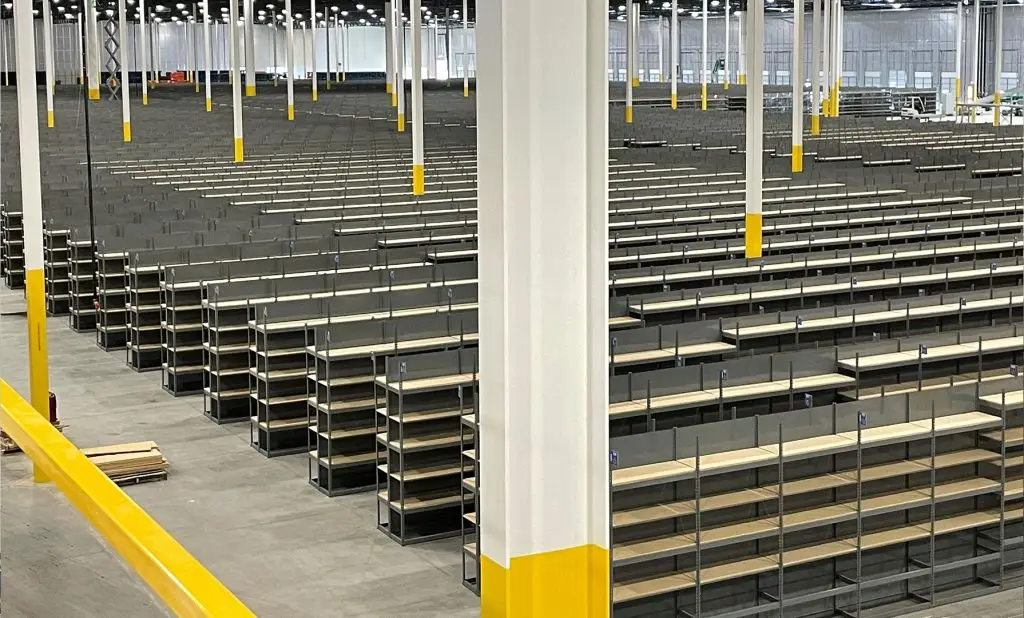 Boltless rivet shelving in warehouse storage room
