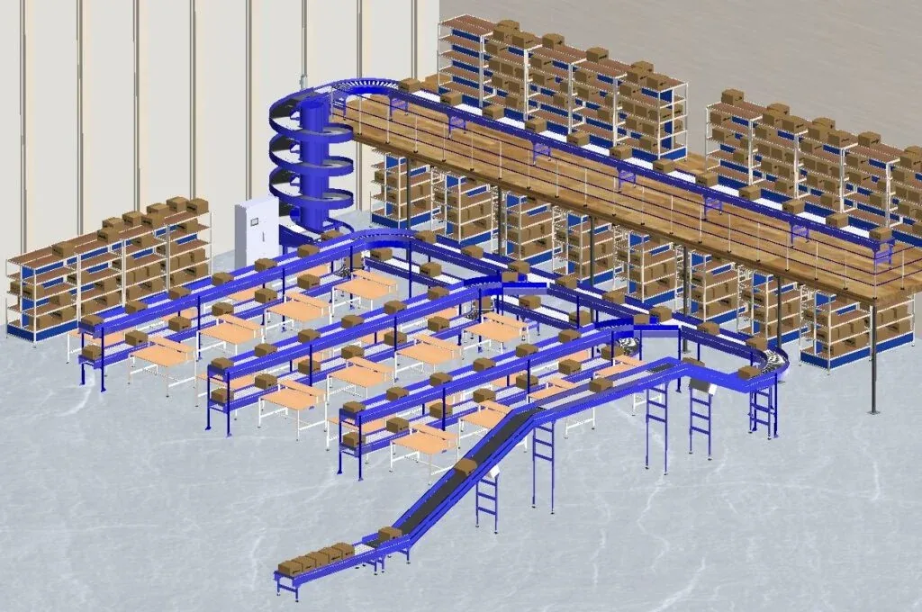 3D warehouse layout diagram showing conveyor system with spiral lift, shelving, and automated package flow