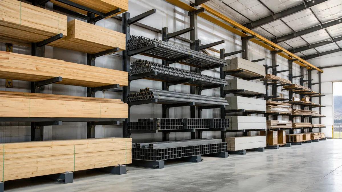 Multiple bays of cantilever racking in a distribution warehouse storing dimensional lumber, galvanized pipe, black square tube, and stacked panel goods on adjustable arms