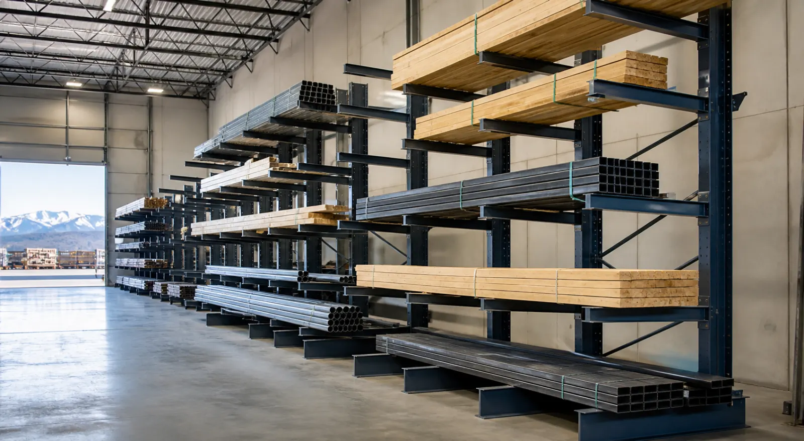 Structural cantilever racking along a warehouse wall holding bundled dimensional lumber on upper arms and black square steel tube and galvanized pipe on lower arms, with an open dock door and snow-covered mountains behind