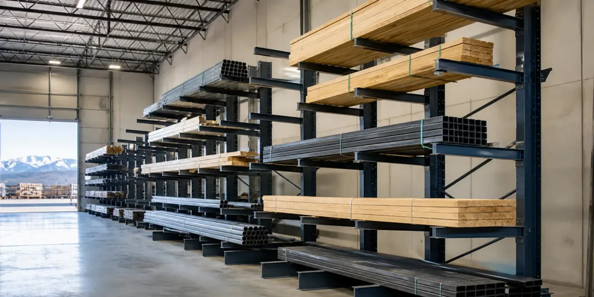 Structural cantilever racking loaded with bundled lumber, square steel tube, and galvanized pipe in a Mountain West warehouse