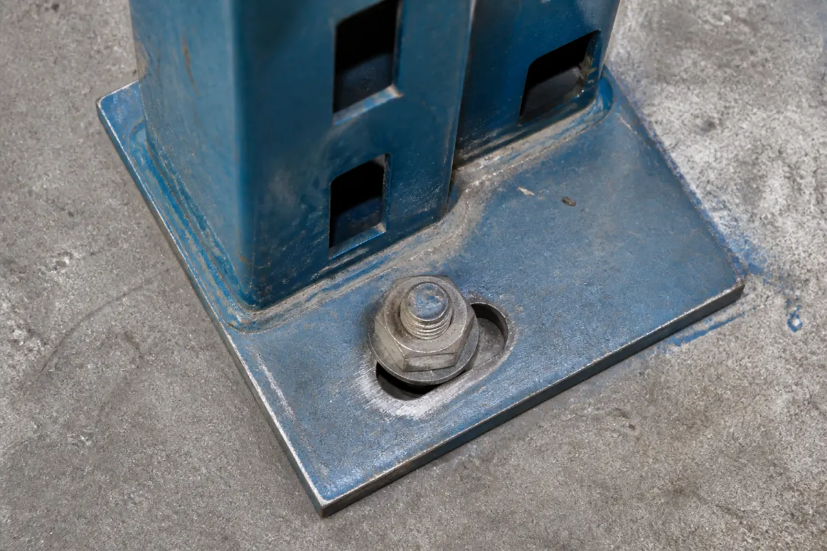 Blue pallet rack base plate with an anchor bolt sitting loose in a visibly elongated, ovalled anchor hole worn into the plate