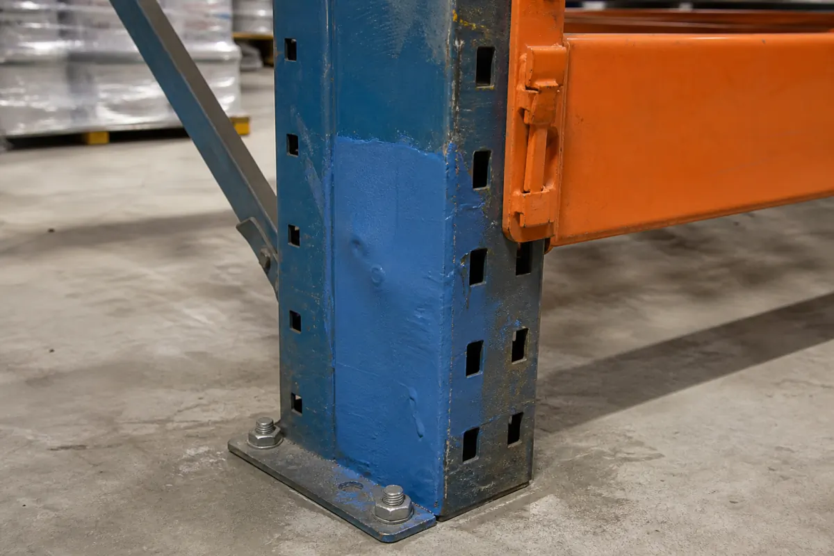 Blue pallet rack upright with a patch of fresh, brighter paint partially covering dents and impact damage near the base plate