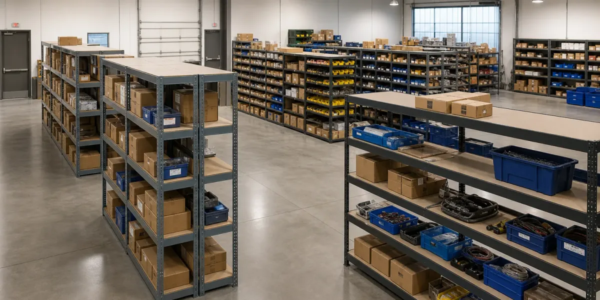 Industrial parts room with rows of boltless steel shelving holding cartons, bins, and labeled totes