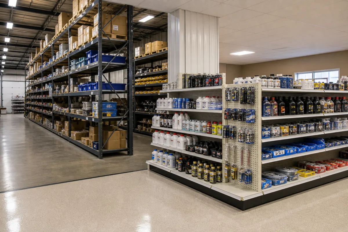 Warehouse area with tall industrial shelving full of parts bins beside a retail floor with white gondola shelving displaying packaged products