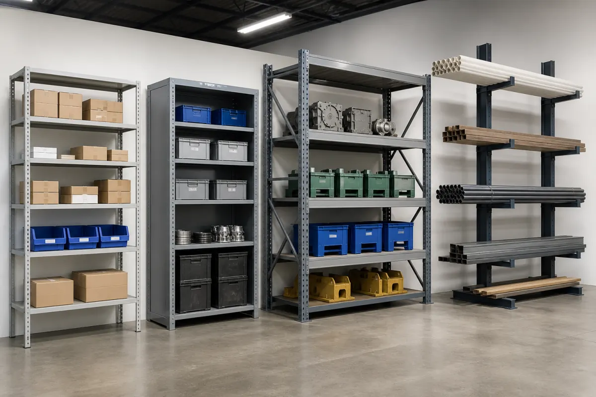 Four shelving types side by side in a warehouse: light-duty boltless shelving with bins, closed steel clip shelving with totes, heavy wide-span shelving holding machine components, and a cantilever rack holding pipe and bar stock
