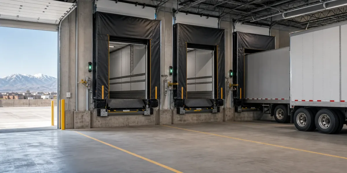 Interior loading dock with three equipped dock positions, shelters and levelers, a trailer at the far door, and mountains visible through the open drive door