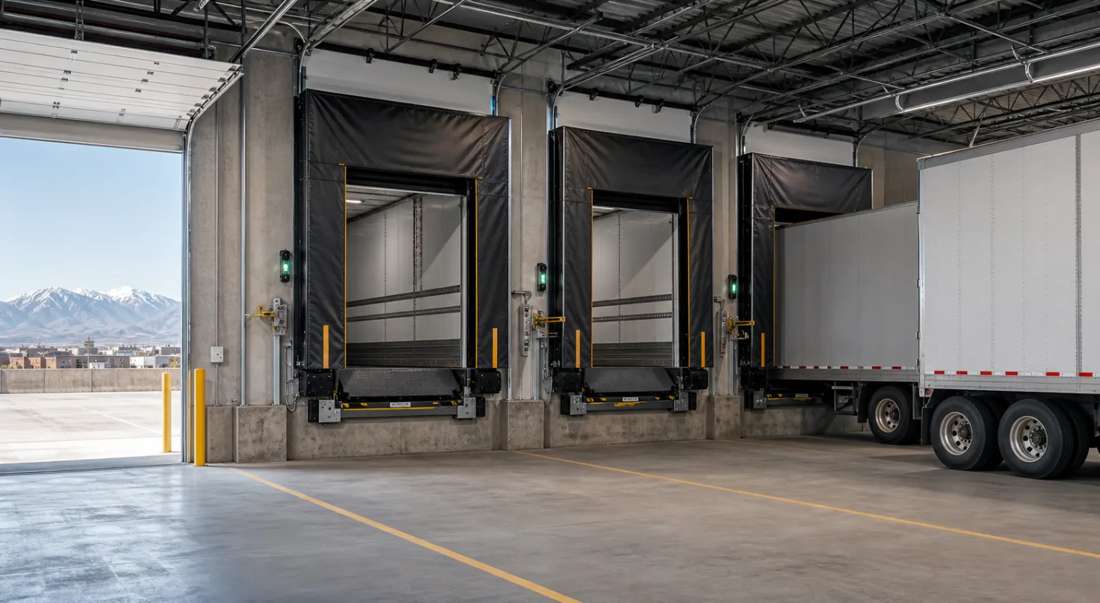 Interior view of three loading dock positions with black shelters, dock levelers, green status lights, and a trailer docked at the far position, with snow-capped mountains visible through the open drive door
