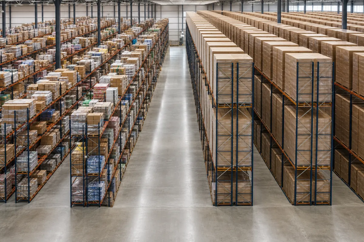 Warehouse aisle separating selective pallet racking rows loaded with mixed product on the left from tall high-density drive-in racking stacked solid with pallets on the right