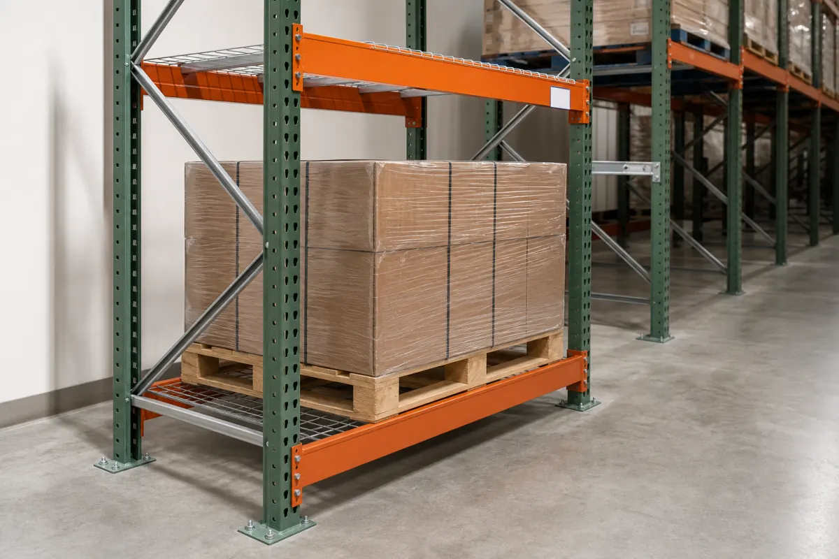 Close-up of a single selective pallet rack bay with green upright frames, orange step beams, galvanized wire decking, and an anchored base plate, holding one shrink-wrapped pallet of cartons