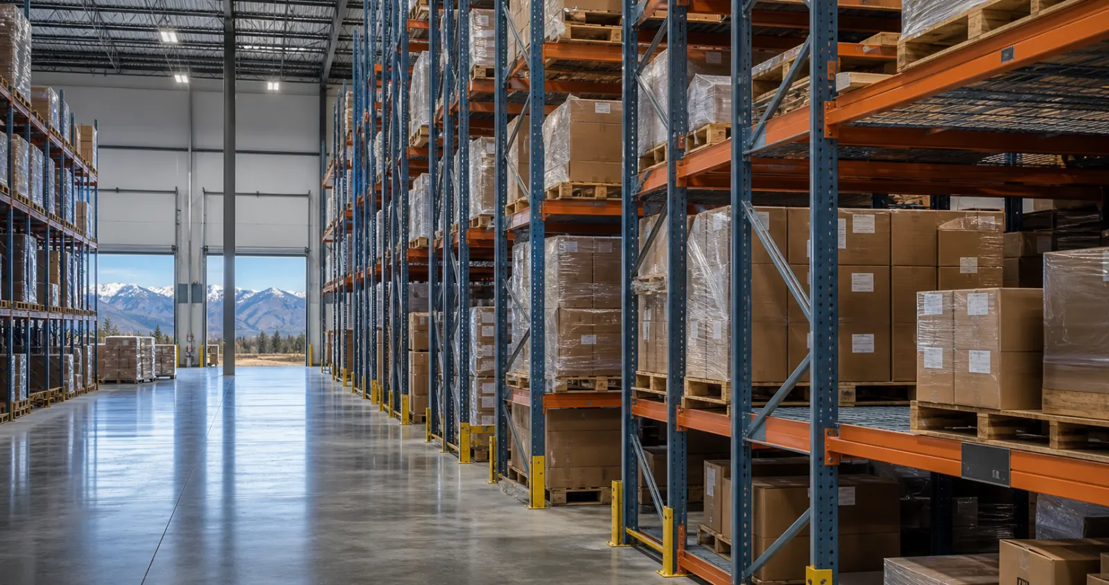 Aisle view of selective pallet racking with blue uprights, orange beams, wire decking, and yellow column guards, holding shrink-wrapped palletized cartons, with an open dock door and snow-covered mountains beyond