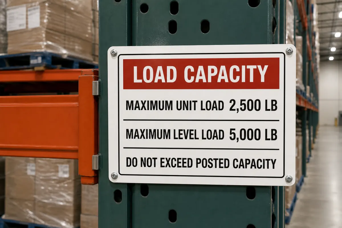 Load capacity plaque bolted to a green pallet rack upright stating maximum unit load 2,500 lb and maximum level load 5,000 lb, with loaded racking behind