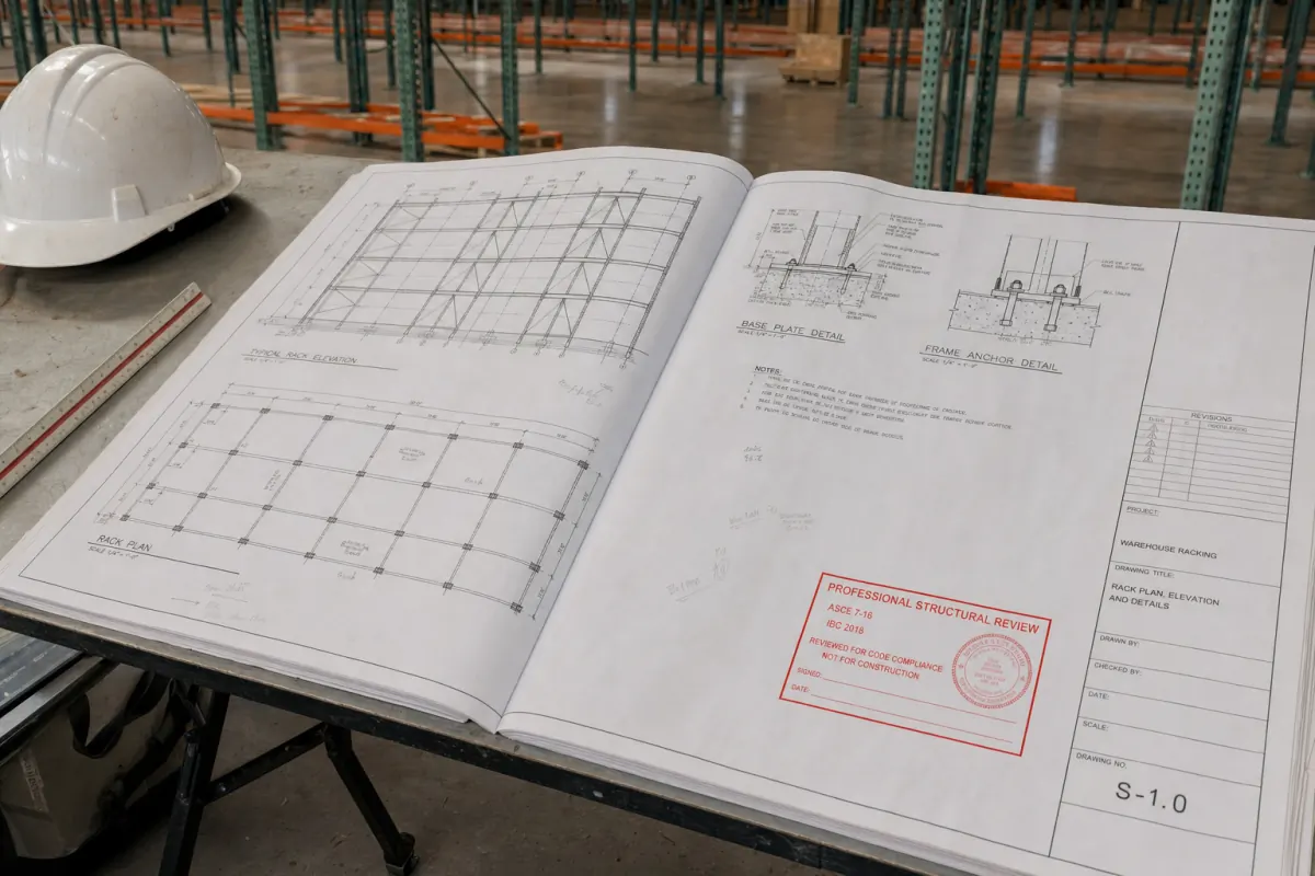 Engineer-reviewed warehouse racking drawings showing rack plan, elevation, base plate and frame anchor details with a professional structural review stamp citing ASCE 7-16 and IBC, on a table beside a hard hat
