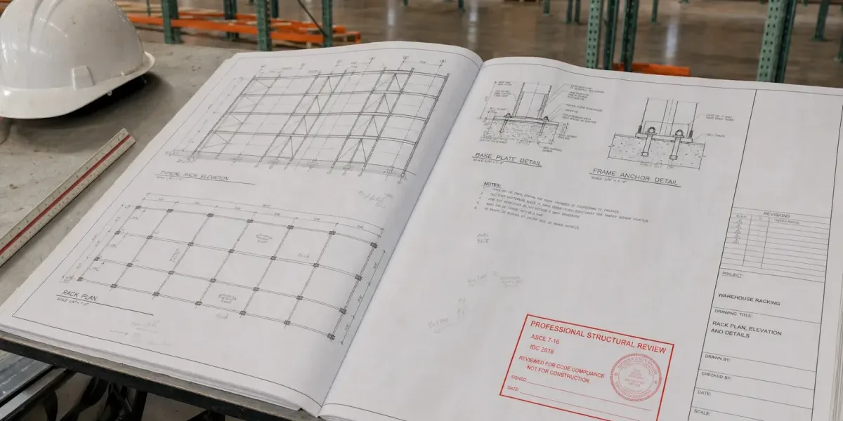 Engineer-stamped warehouse rack plan and elevation drawings open on a site table with a hard hat, in front of empty pallet racking