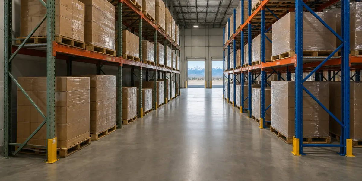 Warehouse aisle with refurbished green pallet rack frames on one side and new blue frames on the other, both fully loaded with palletized cartons