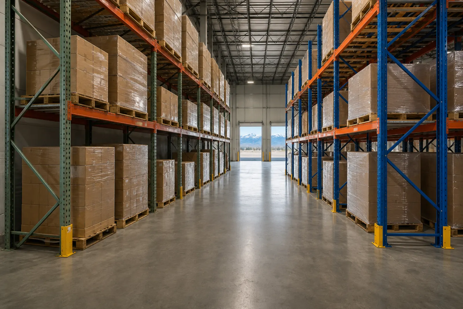 Fully loaded warehouse aisle with green refurbished pallet rack frames on the left and blue frames on the right, orange beams and yellow column guards throughout, and mountains visible through the far drive door