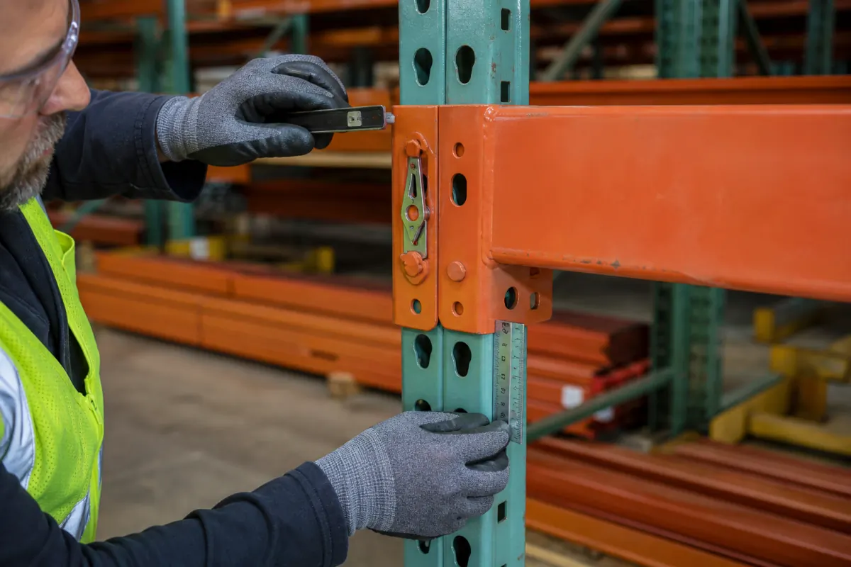 Warehouse technician in safety glasses and a high-visibility vest measuring a pallet rack beam-to-upright connection with a ruler while checking the safety clip and connector lugs