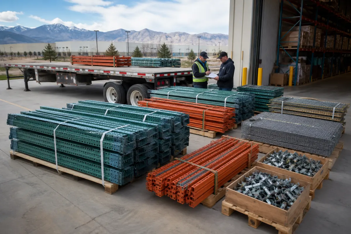Bundled teal and orange pallet rack uprights, beams, wire decking, and boxed hardware staged on pallets beside a flatbed trailer, with two staff members reviewing a checklist outside a Utah warehouse