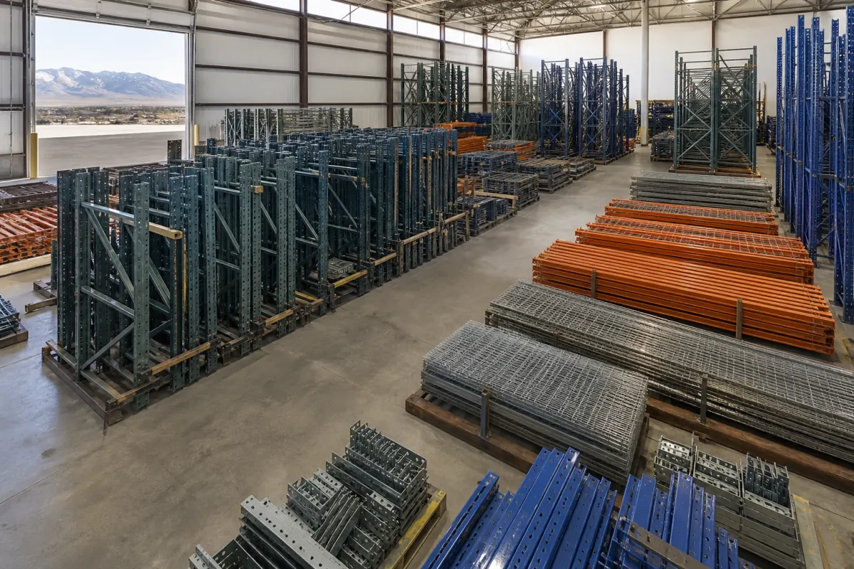 Warehouse interior filled with sorted used pallet racking inventory including standing upright frames, stacked orange and blue beams, bundled wire decking, and footplates, with a mountain view through the open bay door