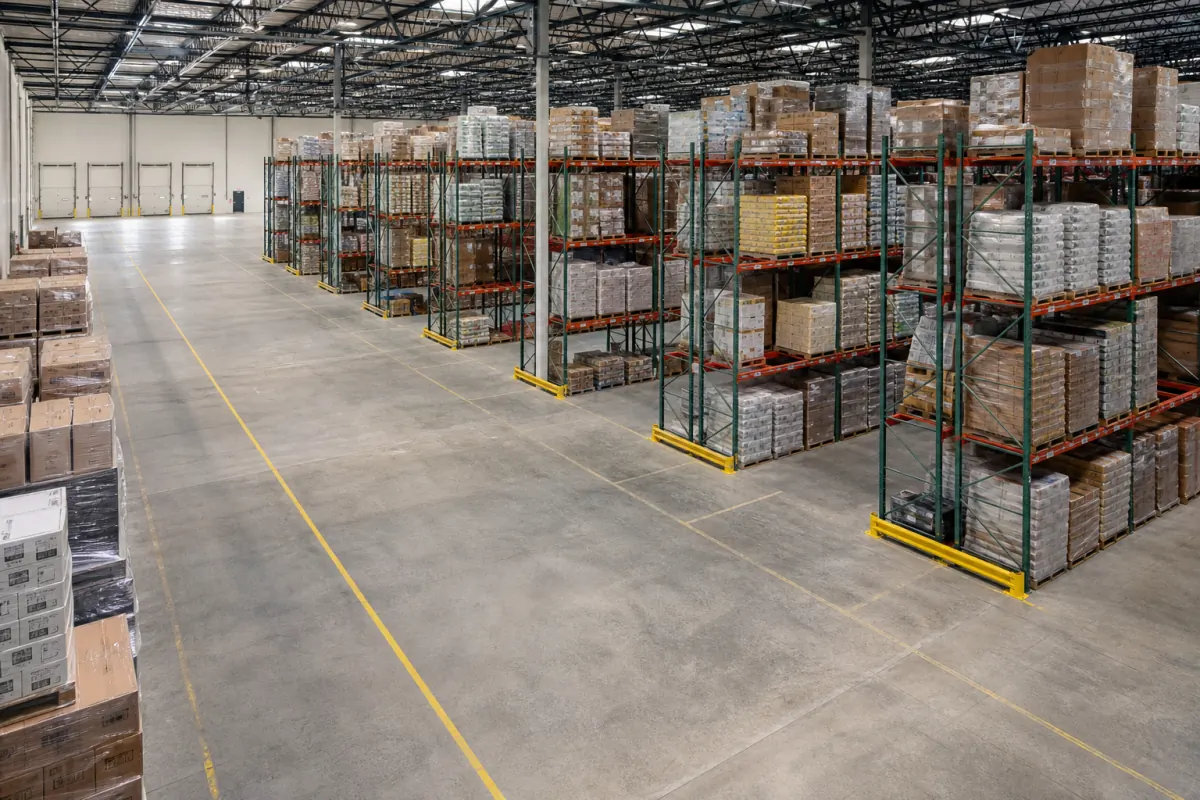 Elevated view of selective pallet racking rows in a distribution warehouse with wide yellow-striped forklift aisles, loaded with mixed palletized product, dock doors in the background
