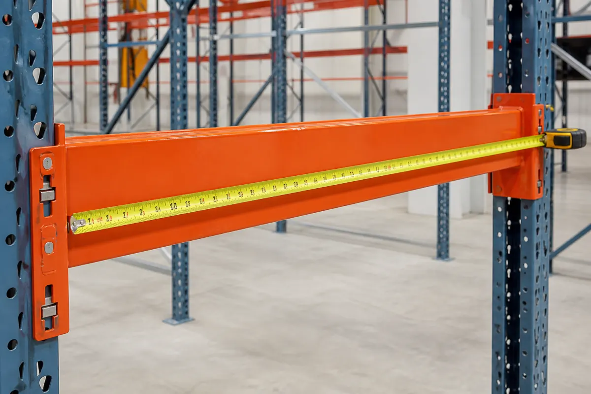 Tape measure extended along an orange pallet rack beam between two blue uprights, measuring the clear beam span