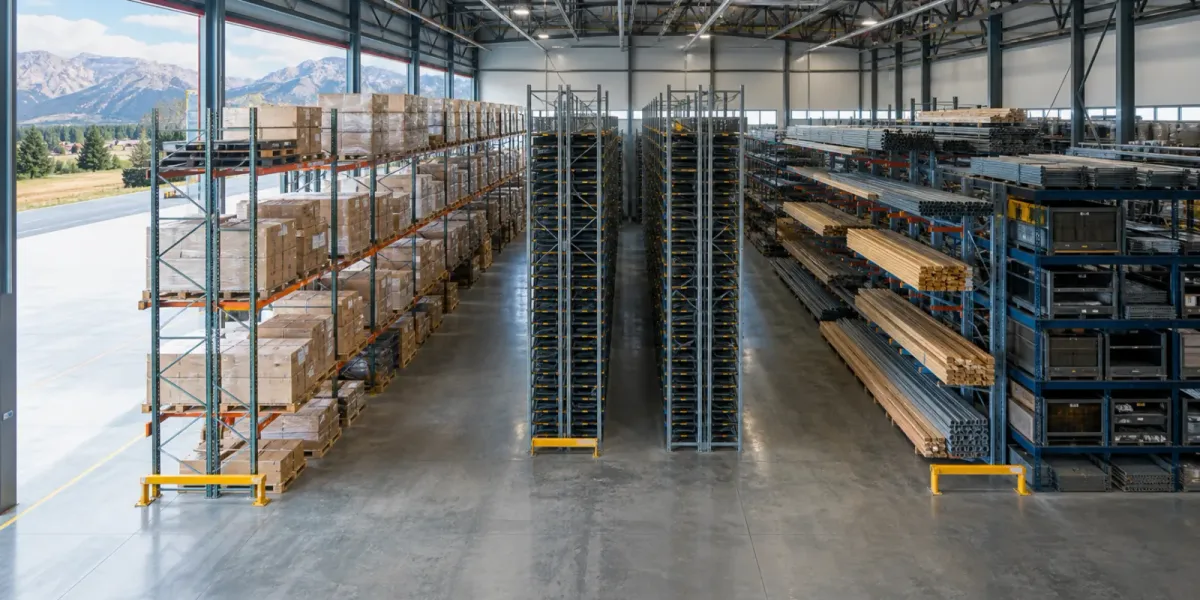 Warehouse aisle showing three storage systems side by side: selective pallet racking, narrow high-density racking rows, and cantilever racking holding lumber and steel